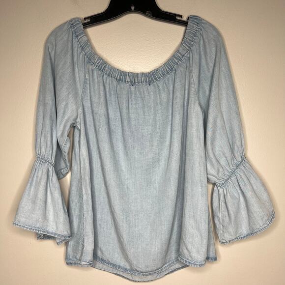 Sanctuary Womens Chambray Off the Shoulder Flare Sleeve Top Sz M Western Country - Picture 5 of 9